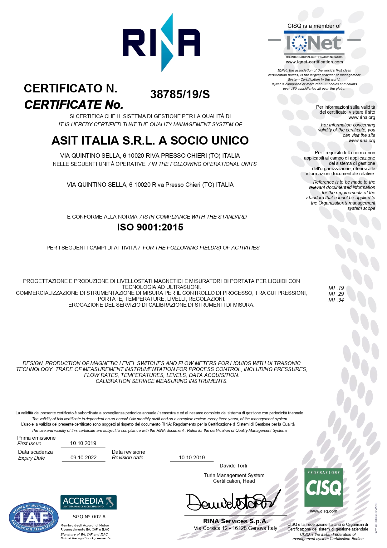 ISO 9001:2015  OBIETTIVO RAGGIUNTO